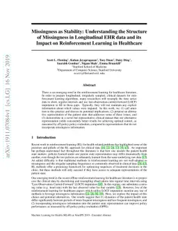 Missingness as Stability: Understanding the Structure of Missingness in
  Longitudinal EHR data and its Impact on Reinforcement Learning in Healthcare
