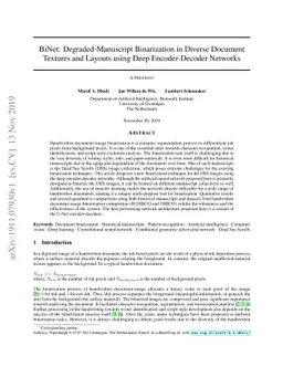 BiNet: Degraded-Manuscript Binarization in Diverse Document Textures and
  Layouts using Deep Encoder-Decoder Networks