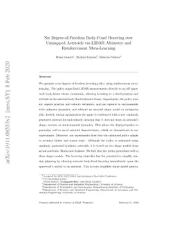 Six Degree-of-Freedom Body-Fixed Hovering over Unmapped Asteroids via
  LIDAR Altimetry and Reinforcement Meta-Learning