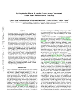 Solving Online Threat Screening Games using Constrained Action Space
  Reinforcement Learning