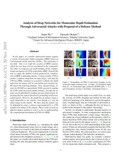 Analysis of Deep Networks for Monocular Depth Estimation Through
  Adversarial Attacks with Proposal of a Defense Method