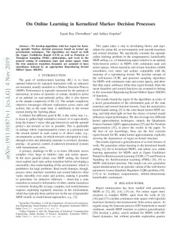 On Online Learning in Kernelized Markov Decision Processes