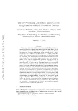 Privacy-Preserving Generalized Linear Models using Distributed Block
  Coordinate Descent