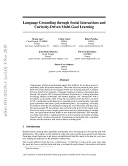 Language Grounding through Social Interactions and Curiosity-Driven
  Multi-Goal Learning