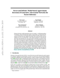 Invert and Defend: Model-based Approximate Inversion of Generative
  Adversarial Networks for Secure Inference