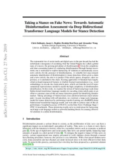 Taking a Stance on Fake News: Towards Automatic Disinformation
  Assessment via Deep Bidirectional Transformer Language Models for Stance
  Detection