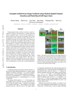 Example-Guided Scene Image Synthesis using Masked Spatial-Channel
  Attention and Patch-Based Self-Supervision