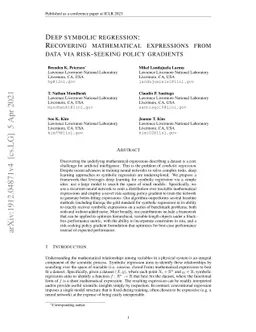 Deep symbolic regression: Recovering mathematical expressions from data
  via risk-seeking policy gradients