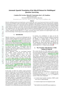 Automatic Spanish Translation of the SQuAD Dataset for Multilingual
  Question Answering