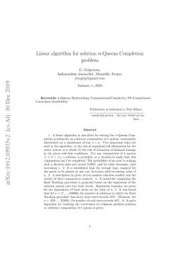 Linear algorithm for solution n-Queens Completion problem