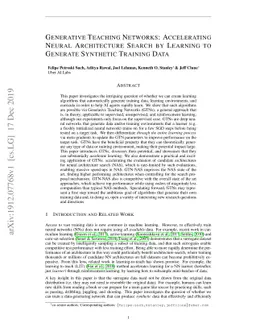 Generative Teaching Networks: Accelerating Neural Architecture Search by
  Learning to Generate Synthetic Training Data