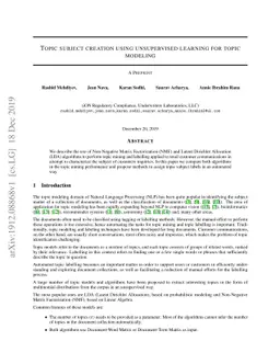 Topic subject creation using unsupervised learning for topic modeling