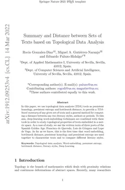Summary and Distance between Sets of Texts based on Topological Data
  Analysis