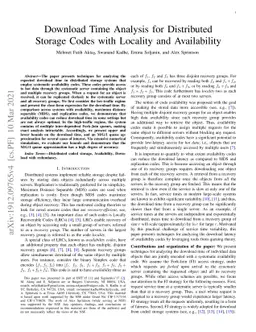 Download Time Analysis for Distributed Storage Codes with Locality and
  Availability