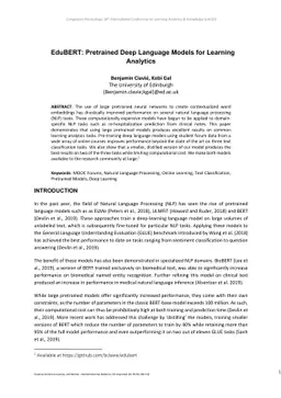 EduBERT: Pretrained Deep Language Models for Learning Analytics