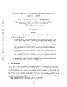Classical Verification of Quantum Computations with Efficient Verifier