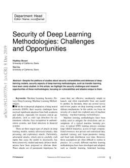 Security of Deep Learning Methodologies: Challenges and Opportunities