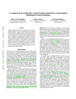 A Comparison of Architectures and Pretraining Methods for Contextualized
  Multilingual Word Embeddings