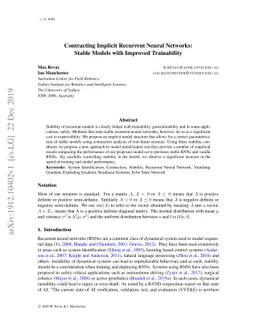 Contracting Implicit Recurrent Neural Networks: Stable Models with
  Improved Trainability