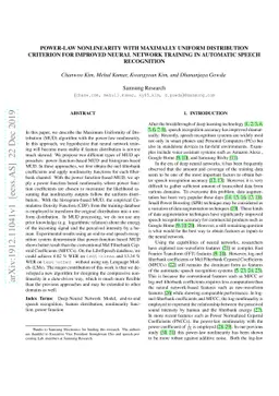 power-law nonlinearity with maximally uniform distribution criterion for
  improved neural network training in automatic speech recognition