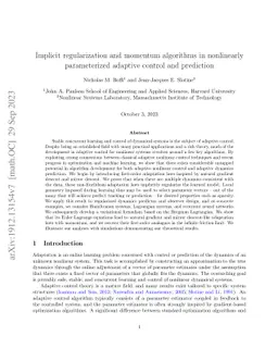 Implicit Regularization and Momentum Algorithms in Nonlinearly
  Parameterized Adaptive Control and Prediction