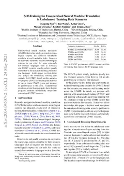 Self-Training for Unsupervised Neural Machine Translation in Unbalanced
  Training Data Scenarios
