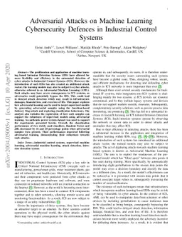Adversarial Attacks on Machine Learning Cybersecurity Defences in
  Industrial Control Systems