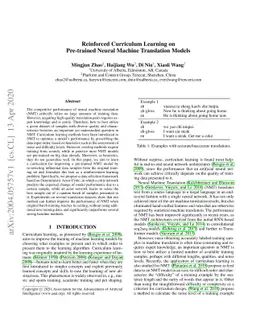 Reinforced Curriculum Learning on Pre-trained Neural Machine Translation
  Models