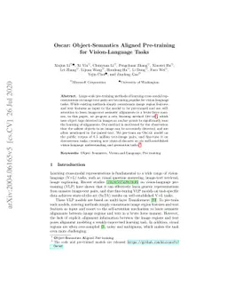 Oscar: Object-Semantics Aligned Pre-training for Vision-Language Tasks