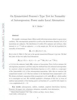 On Symmetrized Pearson's Type Test for Normality of Autoregression:
  Power under Local Alternatives