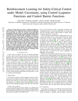 Reinforcement Learning for Safety-Critical Control under Model
  Uncertainty, using Control Lyapunov Functions and Control Barrier Functions
