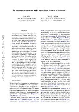 Do sequence-to-sequence VAEs learn global features of sentences?