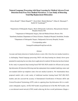 Natural Language Processing with Deep Learning for Medical Adverse Event
  Detection from Free-Text Medical Narratives: A Case Study of Detecting Total
  Hip Replacement Dislocation