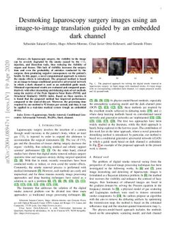 Desmoking laparoscopy surgery images using an image-to-image translation
  guided by an embedded dark channel