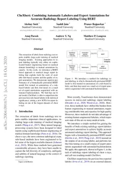 CheXbert: Combining Automatic Labelers and Expert Annotations for
  Accurate Radiology Report Labeling Using BERT
