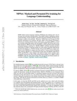 MPNet: Masked and Permuted Pre-training for Language Understanding
