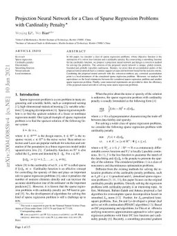 Projection Neural Network for a Class of Sparse Regression Problems with
  Cardinality Penalty