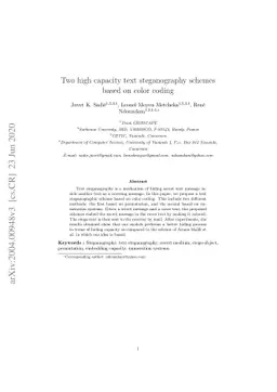 Two high capacity text steganography schemes based on color coding