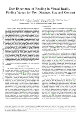 User Experience of Reading in Virtual Reality -- Finding Values for Text
  Distance, Size and Contrast
