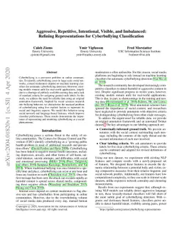 Aggressive, Repetitive, Intentional, Visible, and Imbalanced: Refining
  Representations for Cyberbullying Classification