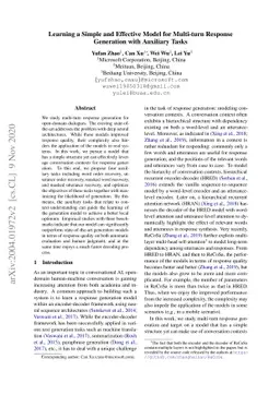 Learning a Simple and Effective Model for Multi-turn Response Generation
  with Auxiliary Tasks