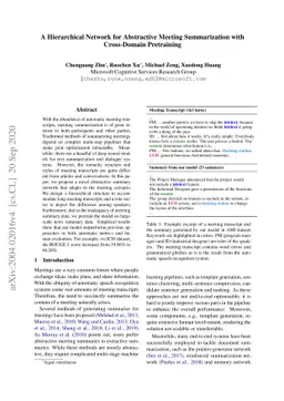 A Hierarchical Network for Abstractive Meeting Summarization with
  Cross-Domain Pretraining