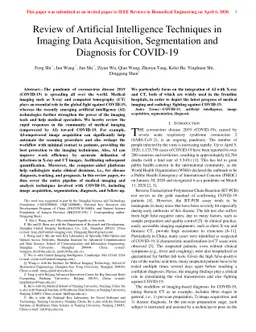 Review of Artificial Intelligence Techniques in Imaging Data
  Acquisition, Segmentation and Diagnosis for COVID-19