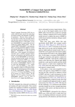 MobileBERT: a Compact Task-Agnostic BERT for Resource-Limited Devices