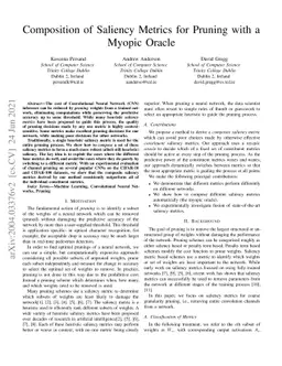 Composition of Saliency Metrics for Channel Pruning with a Myopic Oracle