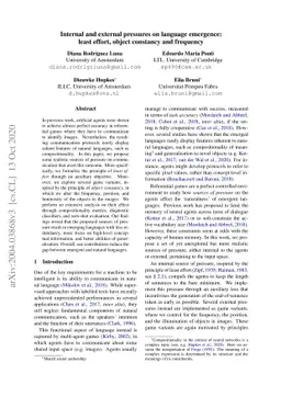 Internal and external pressures on language emergence: least effort,
  object constancy and frequency