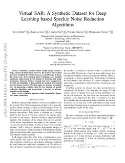 Virtual SAR: A Synthetic Dataset for Deep Learning based Speckle Noise
  Reduction Algorithms