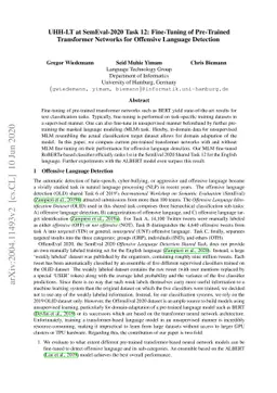 UHH-LT at SemEval-2020 Task 12: Fine-Tuning of Pre-Trained Transformer
  Networks for Offensive Language Detection