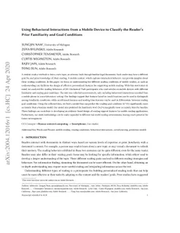 Using Behavioral Interactions from a Mobile Device to Classify the
  Reader's Prior Familiarity and Goal Conditions
