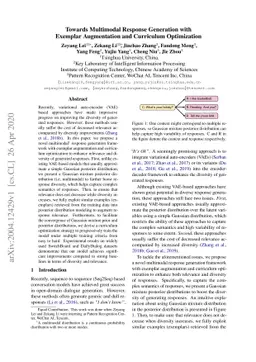 Towards Multimodal Response Generation with Exemplar Augmentation and
  Curriculum Optimization